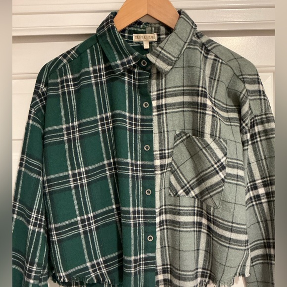 Riley & James Two Tone Green Plaid Button Front Cropped Shirt L - Picture 2 of 13